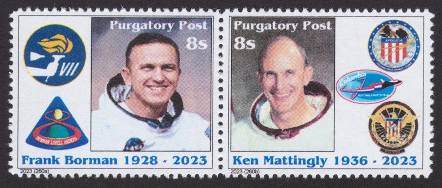 8-sola Purgatory Post stamps picturing Frank Borman & Ken Mattingly
