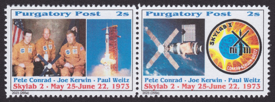 Pair of 2-sola Purgatory Post stamps picturing Skylab 2 crew and launch vehicle, Skylab station, and Skylab II mission patch