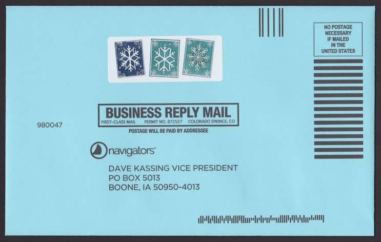 Navigators business reply envelope bearing label with three snowflake designs