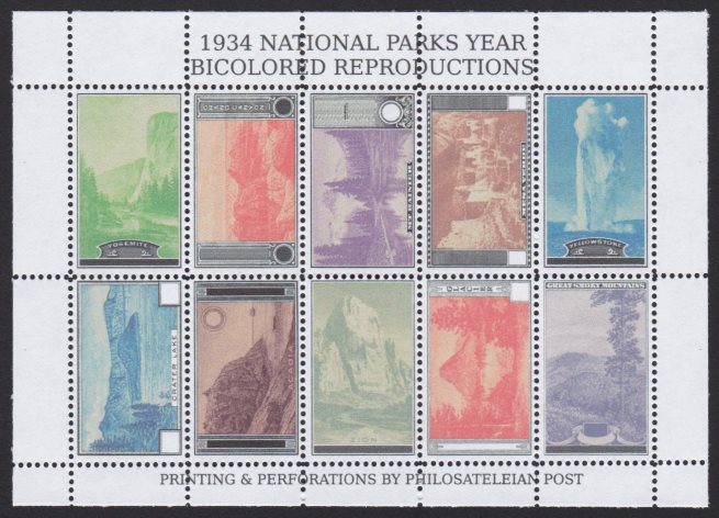 Sheet of 10 bicolored reproductions of the 1934 National Parks Year stamps