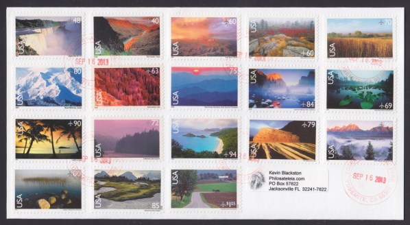 Cover bearing all 18 stamps from the United States' Scenic American Landscapes series postmarked at Yosemite National Park