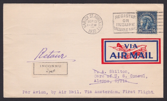 Front of cover bearing 14-cent American Indian stamp and air mail label