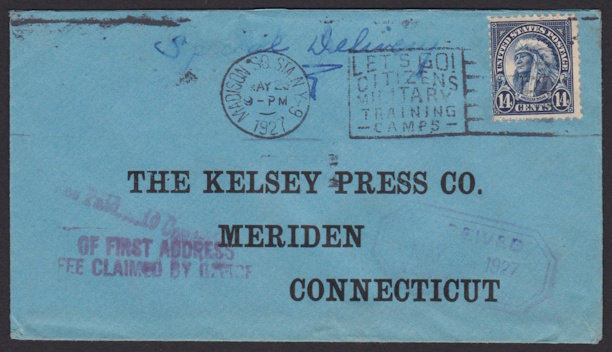 Front of cover bearing 14-cent American Indian stamp mailed to Kelsey Press Company