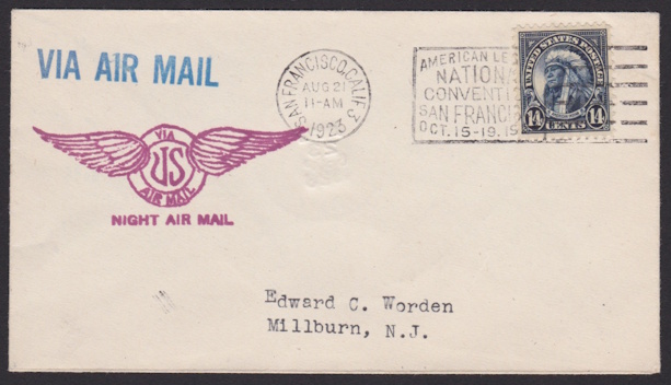 Front of cover bearing 14-cent American Indian stamp sent via night air mail