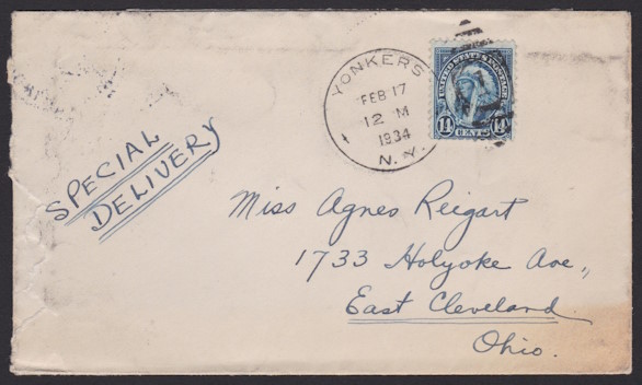 Front of special delivery cover bearing 14-cent American Indian stamp