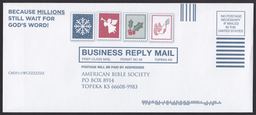 American Bible Society business reply envelope with preprinted stamp-sized designs picturing a snowflake, an angel, mistletoe, and a dove