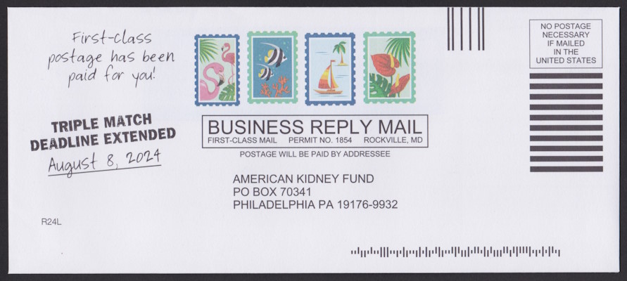 American Kidney Fund business reply envelope with four preprinted stamp-sized images featuring tropical-themed subjects