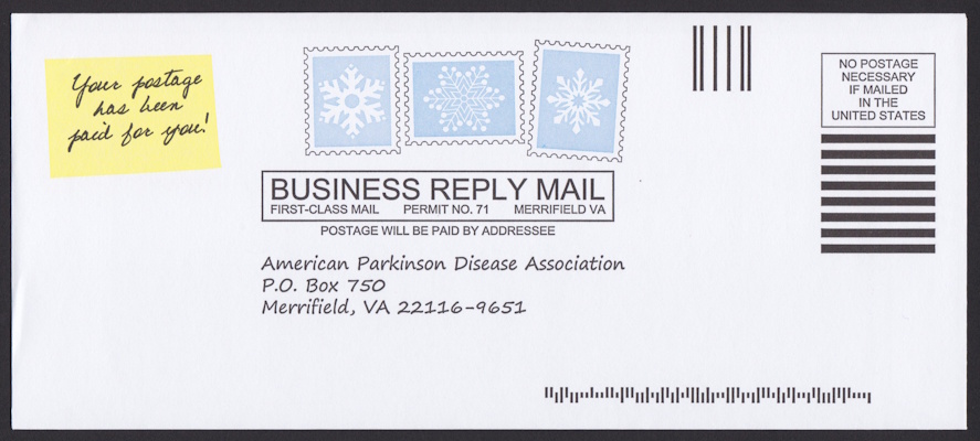 American Parkinson Disease Association business reply envelope with preprinted stamp-sized snowflake designs