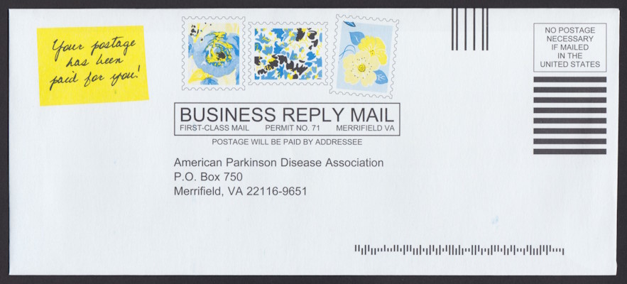 American Parkinson Disease Association business reply envelope with three preprinted stamp-sized images picturing flowers