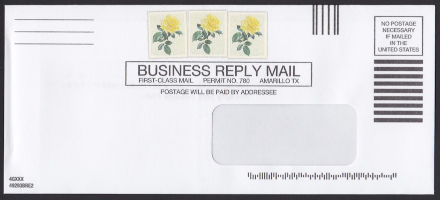 Cal Farley’s Boys Ranch business reply envelope with three preprinted stamp-sized images picturing yellow roses