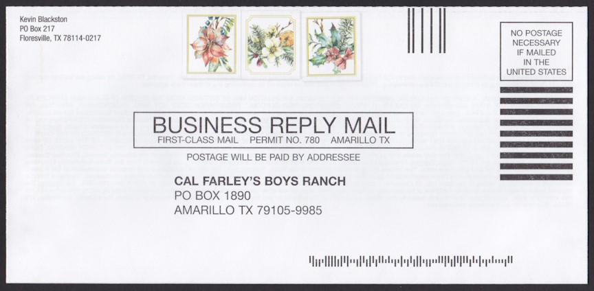 Shriners Children’s business reply envelope bearing three preprinted stamp-sized designs picturing floral arrangements