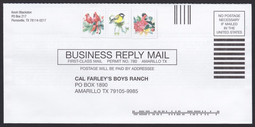 Cal Farley’s Boys Ranch business reply envelope with preprinted stamp-sized designs picturing birds