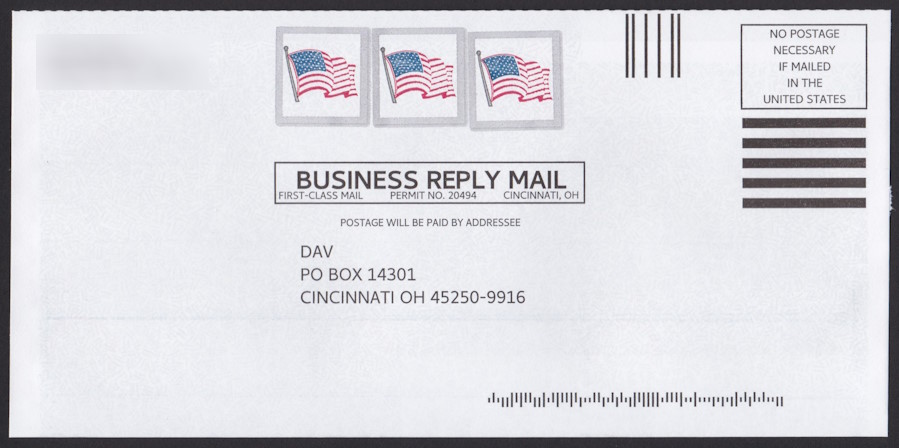 Disabled American Veterans business reply envelope with three preprinted stamp-sized designs featuring United States flags