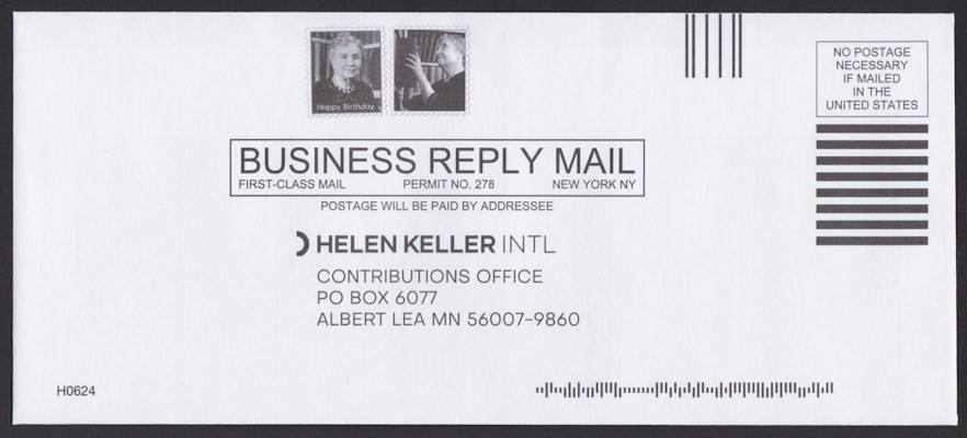 Helen Keller International business reply envelope with two preprinted stamp-sized images picturing Helen Keller