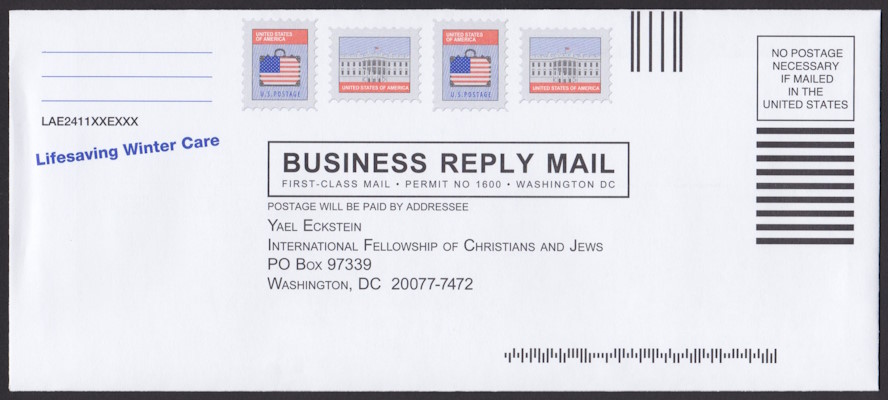 International Fellowship of Christians and Jews business reply envelope with preprinted stamp-sized designs picturing White House and briefcase colored like United States flag