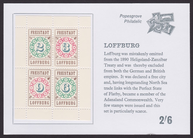 Block of four Loffburg fantasy stamps on approval card