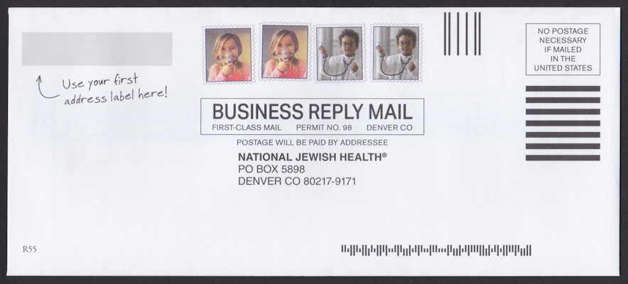 National Jewish Health business reply envelope bearing four preprinted stamp-sized designs picturing children dressed as medical professionals