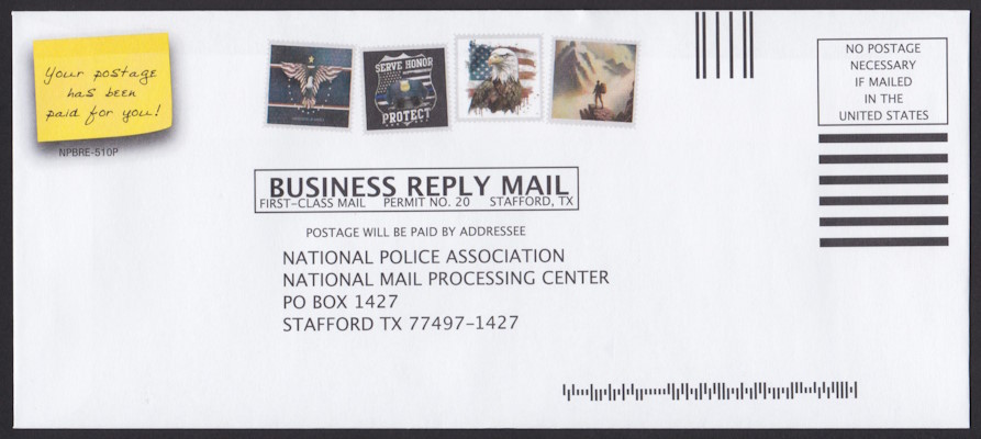 National Police Association business reply envelope with four preprinted stamp-sized images picturing police- and America-themed designs