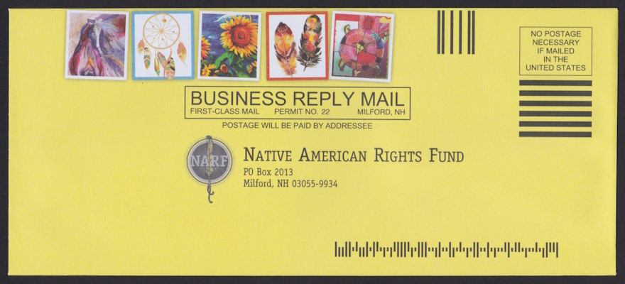 Native American Rights Fund business reply envelope bearing five preprinted stamp-sized designs picturing a horse, a dreamcatcher, flowers, feathers, and a turtle