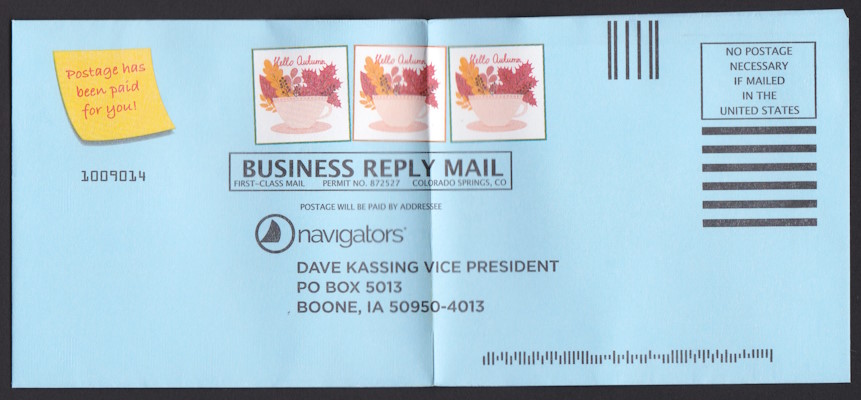 Navigators business reply envelope with three preprinted stamp-sized images picturing cup and orange leaves