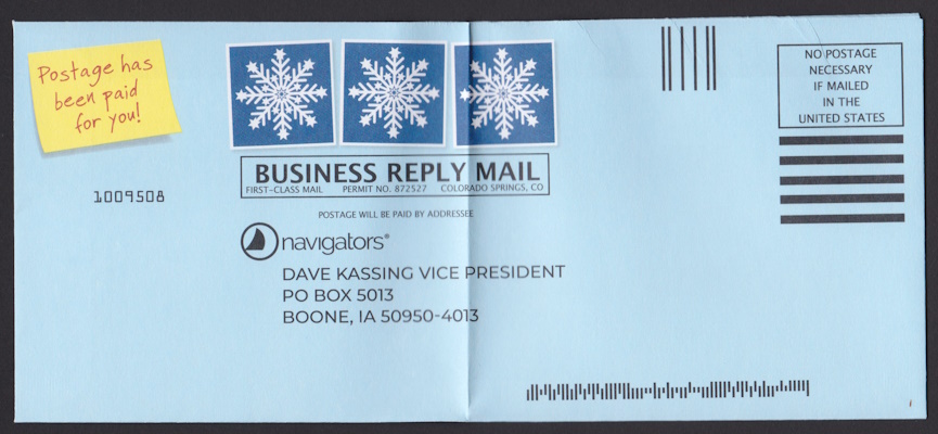 Navigators business reply envelope with preprinted stamp-sized snowflake designs