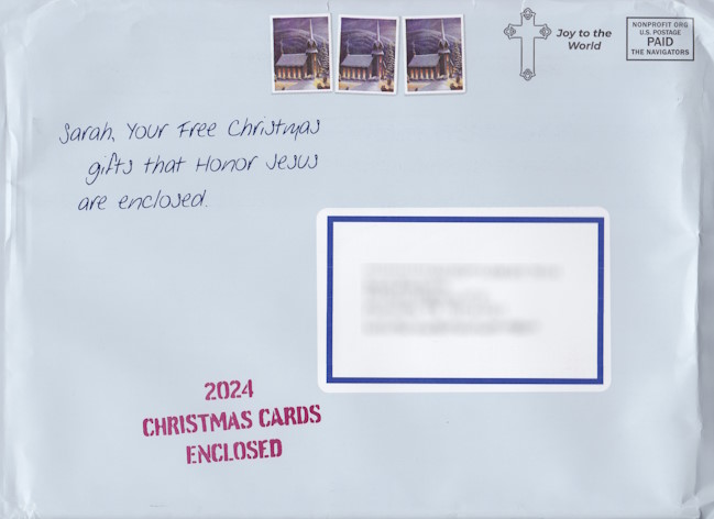 Navigators envelope bearing three preprinted stamp-sized church designs