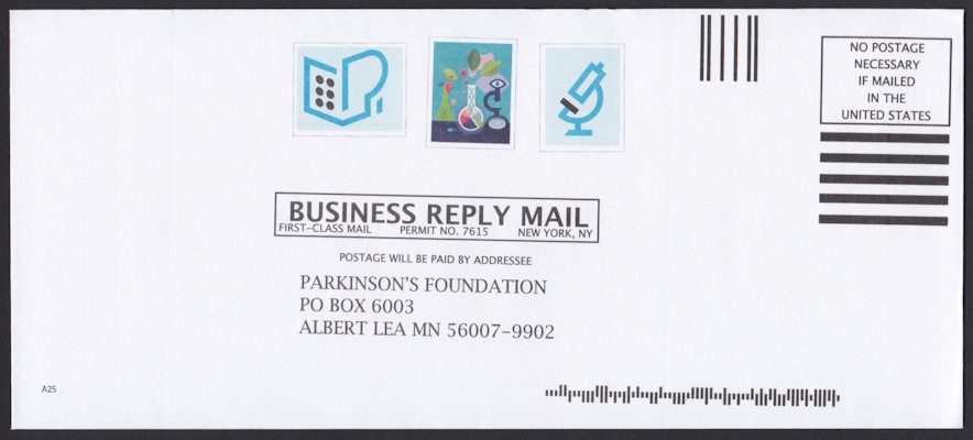 Parkinson’s Foundation business reply envelope with three preprinted designs