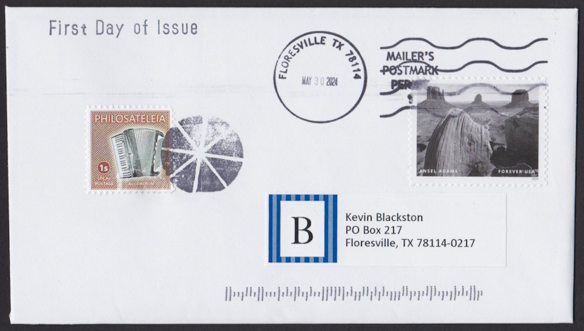 1-stamp Philosateleian Post local post stamp picturing a piano accordion on first day cover