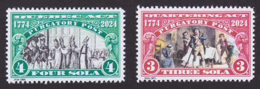 Purgatory Post 3-sola Quartering Act and 4-sola Quebec Act stamps