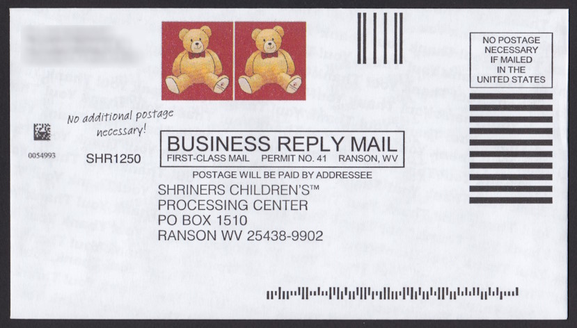 Shriners Children’s business reply envelope bearing two preprinted stamp-sized designs picturing a teddy bear