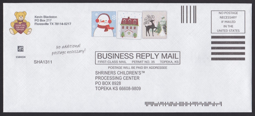 Shriners Children’s business reply envelope bearing three preprinted stamp-sized designs picturing a snowman, a house, and a deer