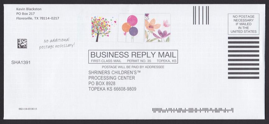 Shriners Children’s business reply envelope with preprinted stamp-sized designs