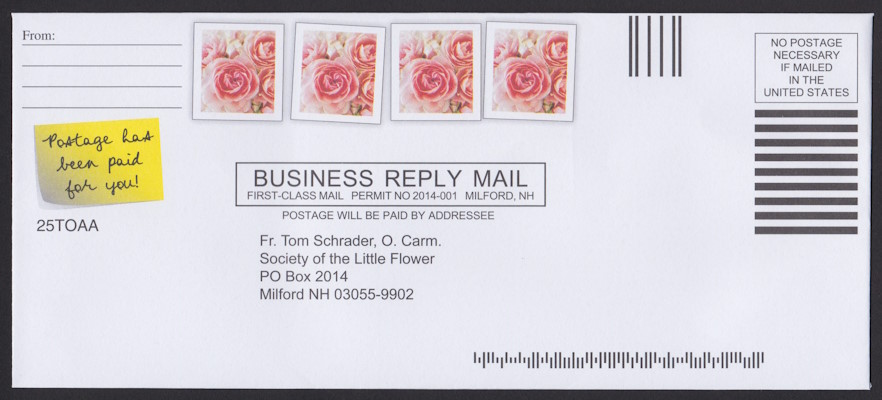 Society of the Little Flower business reply envelope bearing four preprinted stamp-sized designs picturing pink flowers