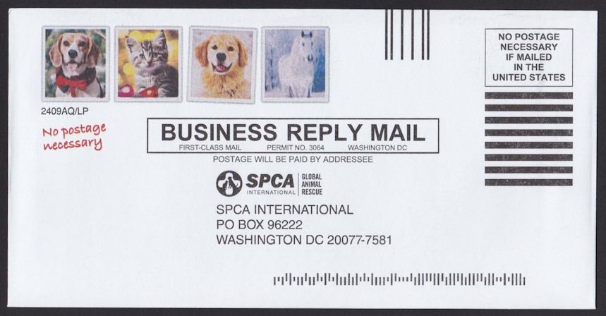 SPCA International business reply envelope with four preprinted stamp-sized images picturing dogs, kitten, and horse