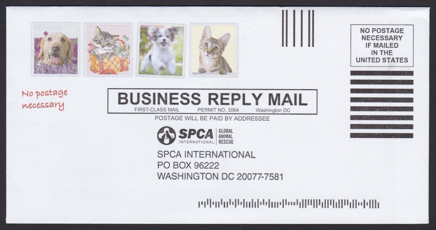 SPCA International business reply envelope with four preprinted stamp-sized designs picturing dogs and cats