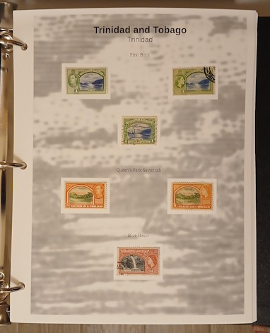 Album page with six stamps picturing landscapes in Trinidad and Tobago