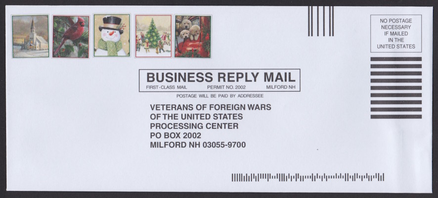 Veterans of Foreign Wars business reply envelope with five preprinted stamp-sized Christmas designs