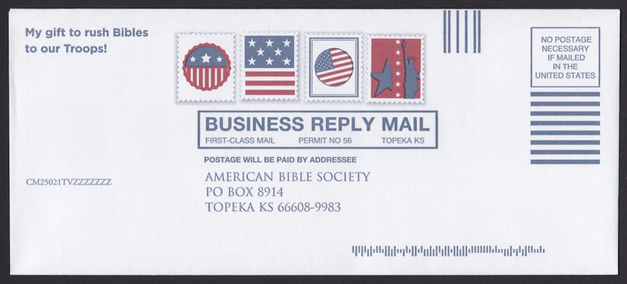 American Bible Society business reply envelope with patriotic preprinted stamp-sized designs