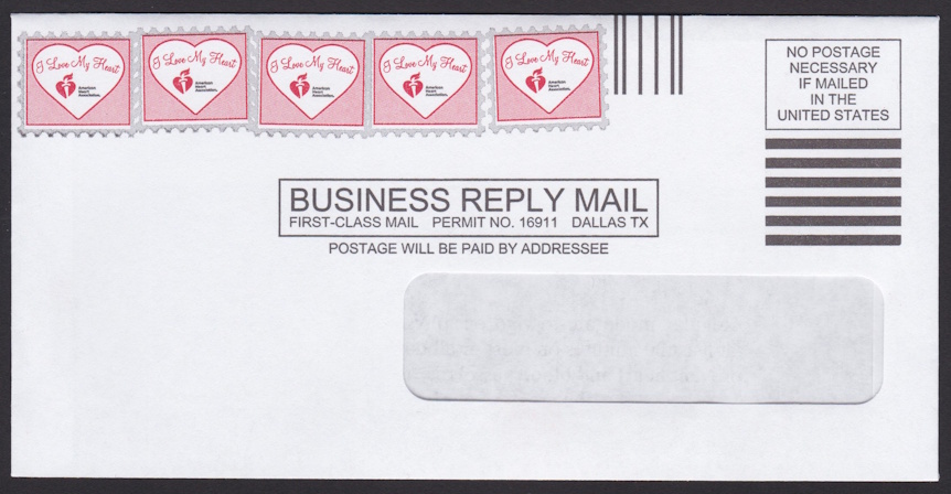 American Heart Association business reply envelope with preprinted “I Love My Heart” designs