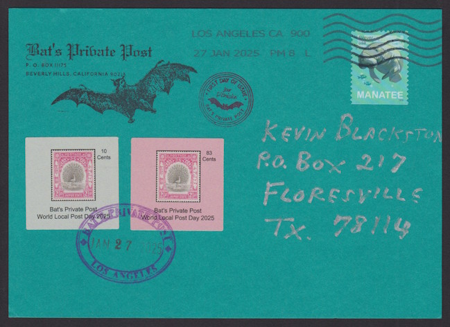 Front of first day cover bearing 10¢ and 83¢ Bat’s Private Post World Local Post Day local post stamps