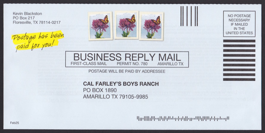 Cal Farley’s Boys Ranch business reply envelope with preprinted stamp-sized butterfly & flower designs