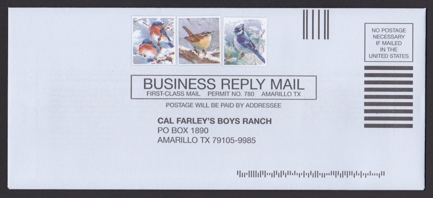 Cal Farley’s Boys Ranch business reply envelope with preprinted stamp-sized bird designs