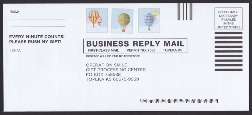 Operation Smile business reply envelope with preprinted stamp-sized hot air balloon designs