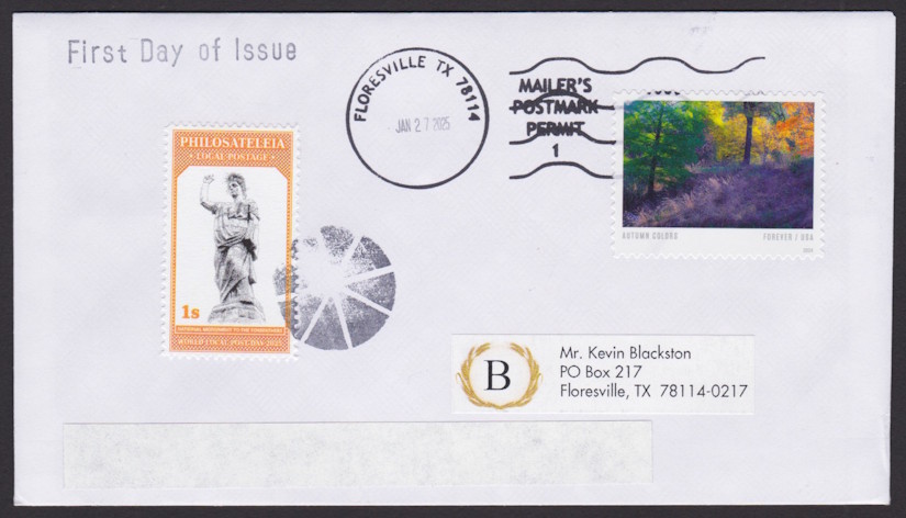 Front of first day cover bearing 1-stamp Philosateleian Post National Monument to the Forefathers local post stamp