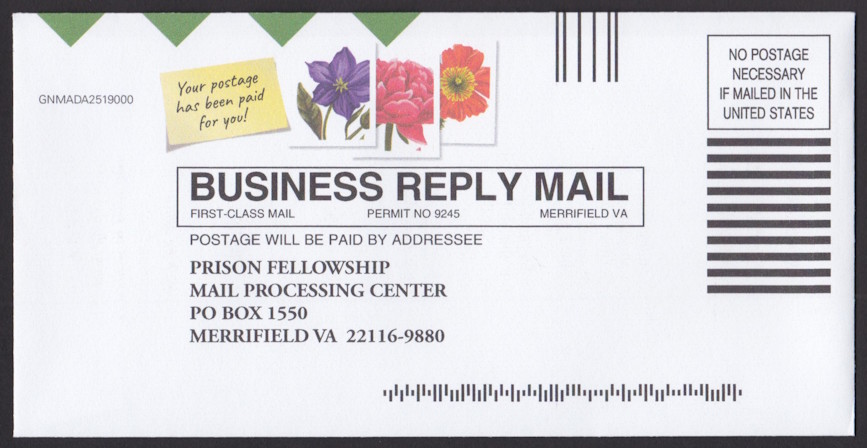 Prison Fellowship business reply envelope with flower designs