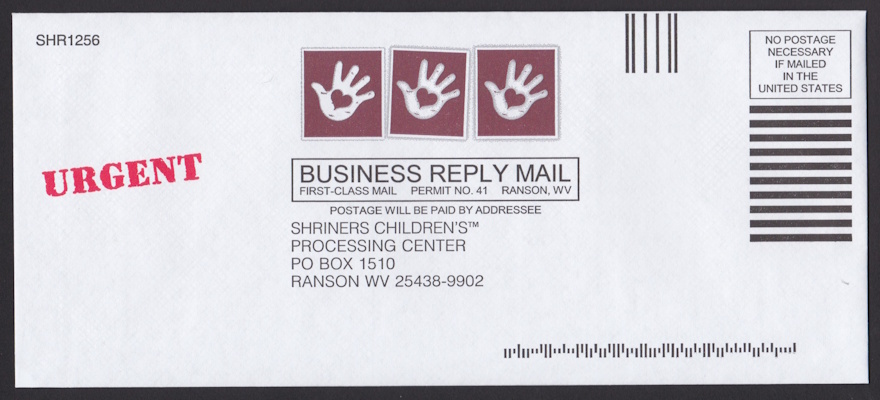 Shriners Children’s business reply envelope with preprinted stamp-sized hand and heart designs