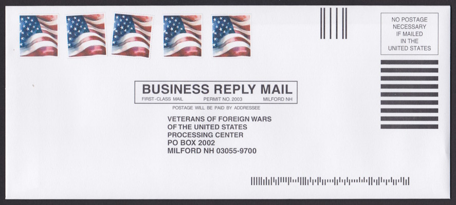 Veterans of Foreign Wars business reply envelope with United States flag designs